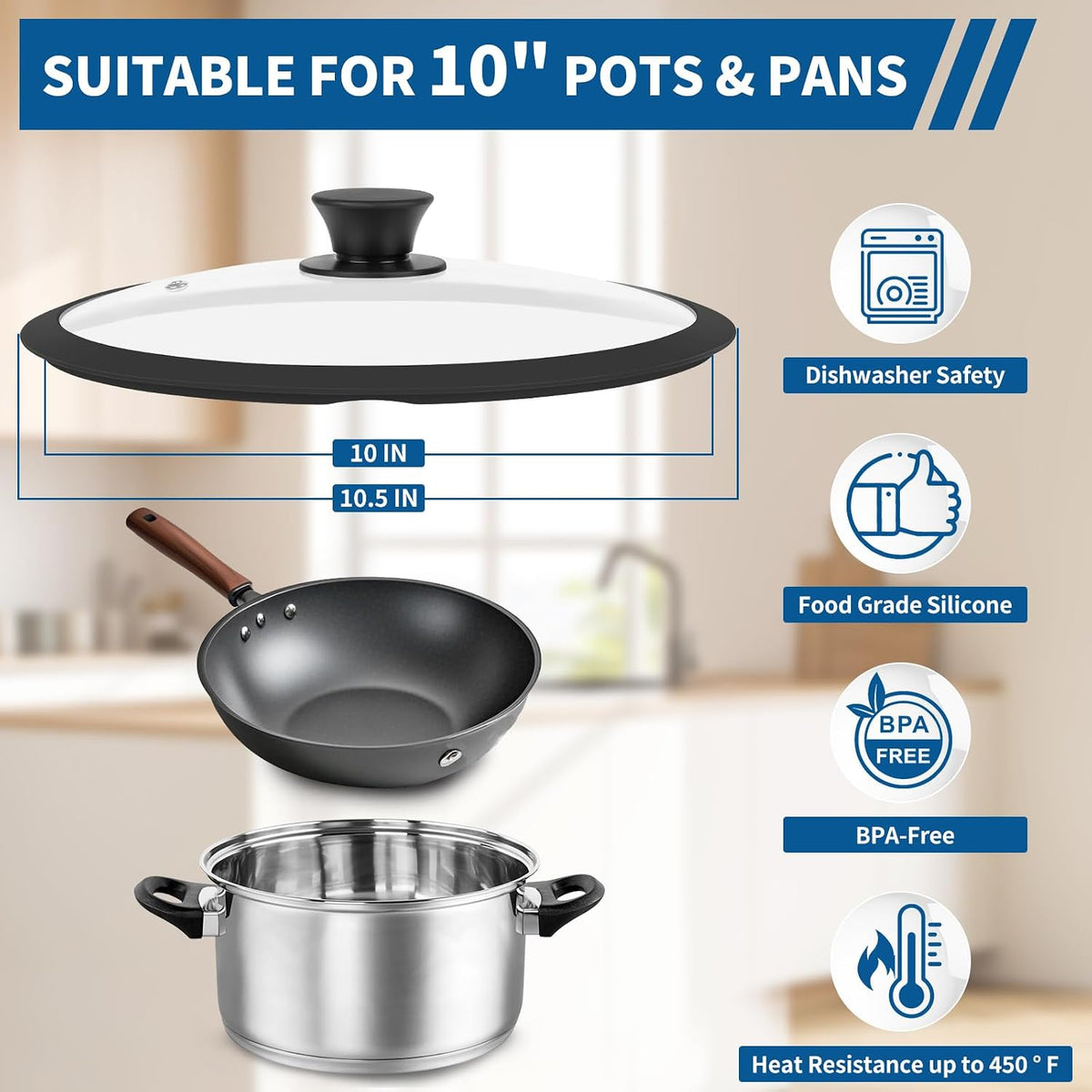 Pan Lid 10 Inch - Tempered Glass Pot Lid - Replacement Pan Cover for Cast Iron Skillets, Frying Pans, Pots and Wok, Heat Resistant Handle, Black