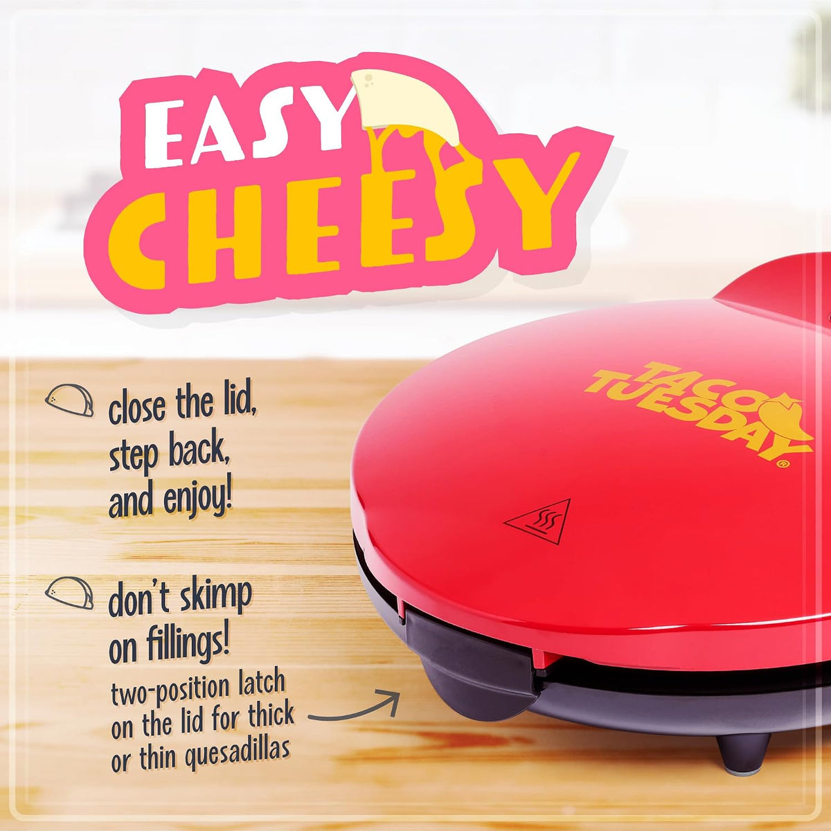 Taco Tuesday Deluxe 8-Inch 6-Wedge Electric Quesadilla Maker with Extra Stuffing Latch, Red