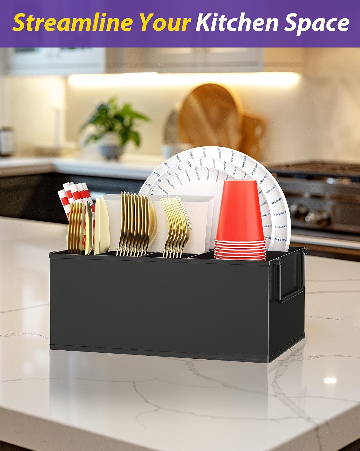 NelyBet Paper Plate Dispenser Holders Utensil Caddy for Countertop,Outdoor Silverware Caddy, Picnic and Camping Utensil Holder, Flatware Organize with Handle for Party Gatherings, Metal (Black)
