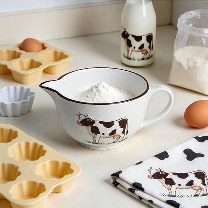 Gaolinci Cow Embossed Ceramic Mixing Bowl, 1 Quart Batter Bowl, with Pouring Spout and Handle
