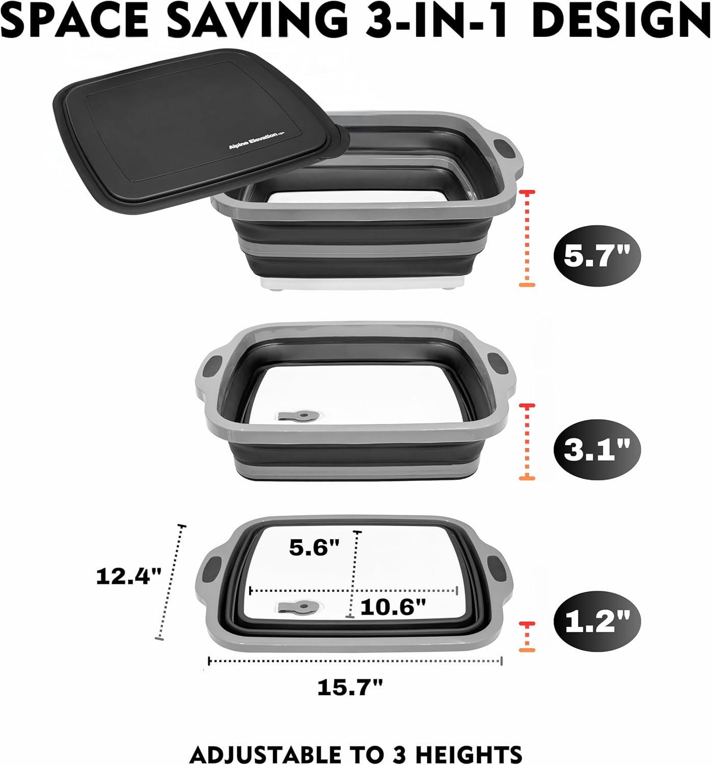 Collapsible X-Large (16L) BBQ Marinating Tub w/ Cutting Board | Multipurpose Food-Grade TPE Prep Tub w/ Lid | Built-In Colander & Drain Plug - For Camping | Tailgate | Picnic - Slate Black