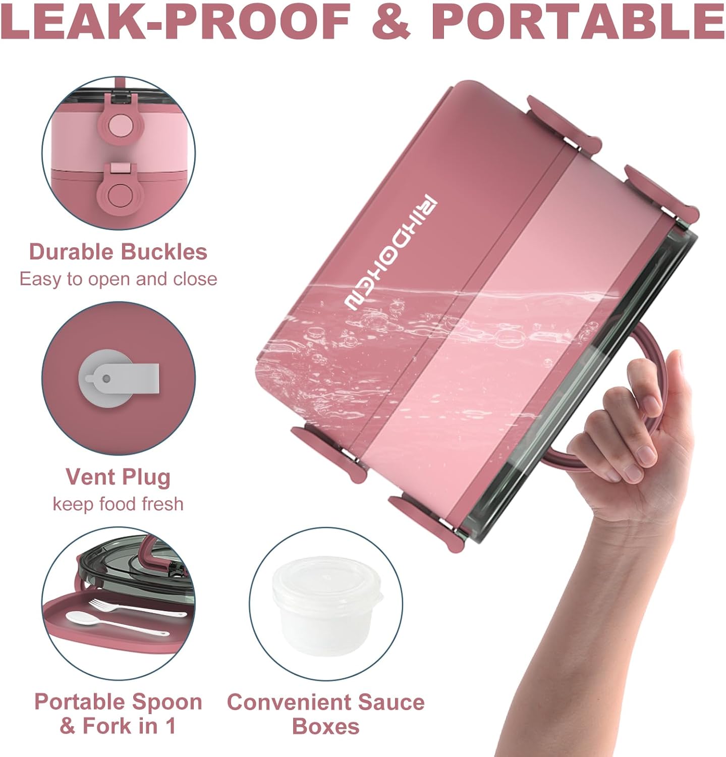 RIKDOKEN Lunch Box, Stackable 3 Layers Containers, Portable 94OZ Large Capacity Leakproof Bento Box with Spoon & Fork & Sauce Boxes, Microwave Safe Lunch Box for Kids and Adults