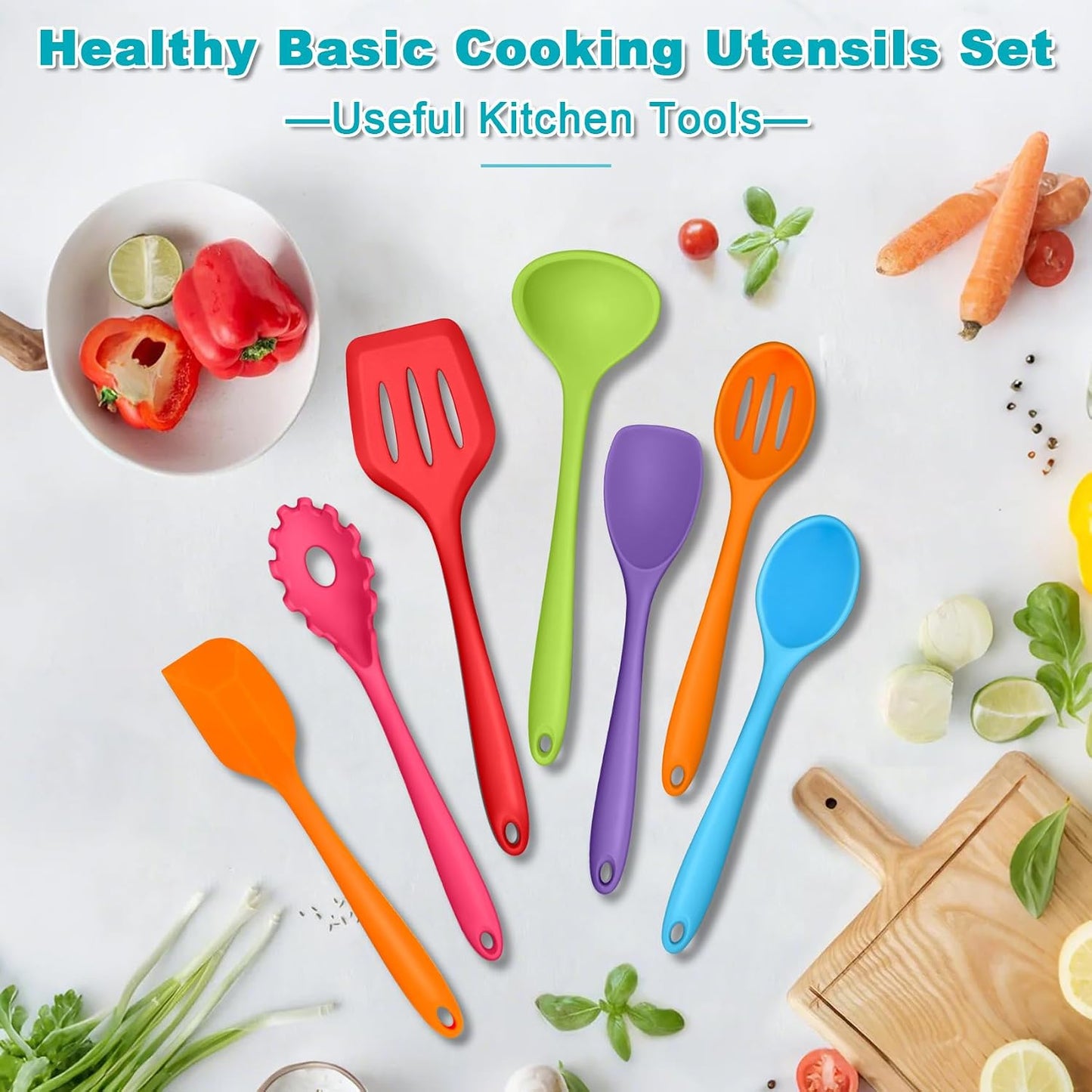TeamFar Silicone Cooking Utensil Set of 7, Black Kitchen Nonstick Tools Turner Spoon Spatula Ladle Pasta Server for Nonstick Cookware, Healthy & One-Piece, Anti-Heat & Dishwasher Safe