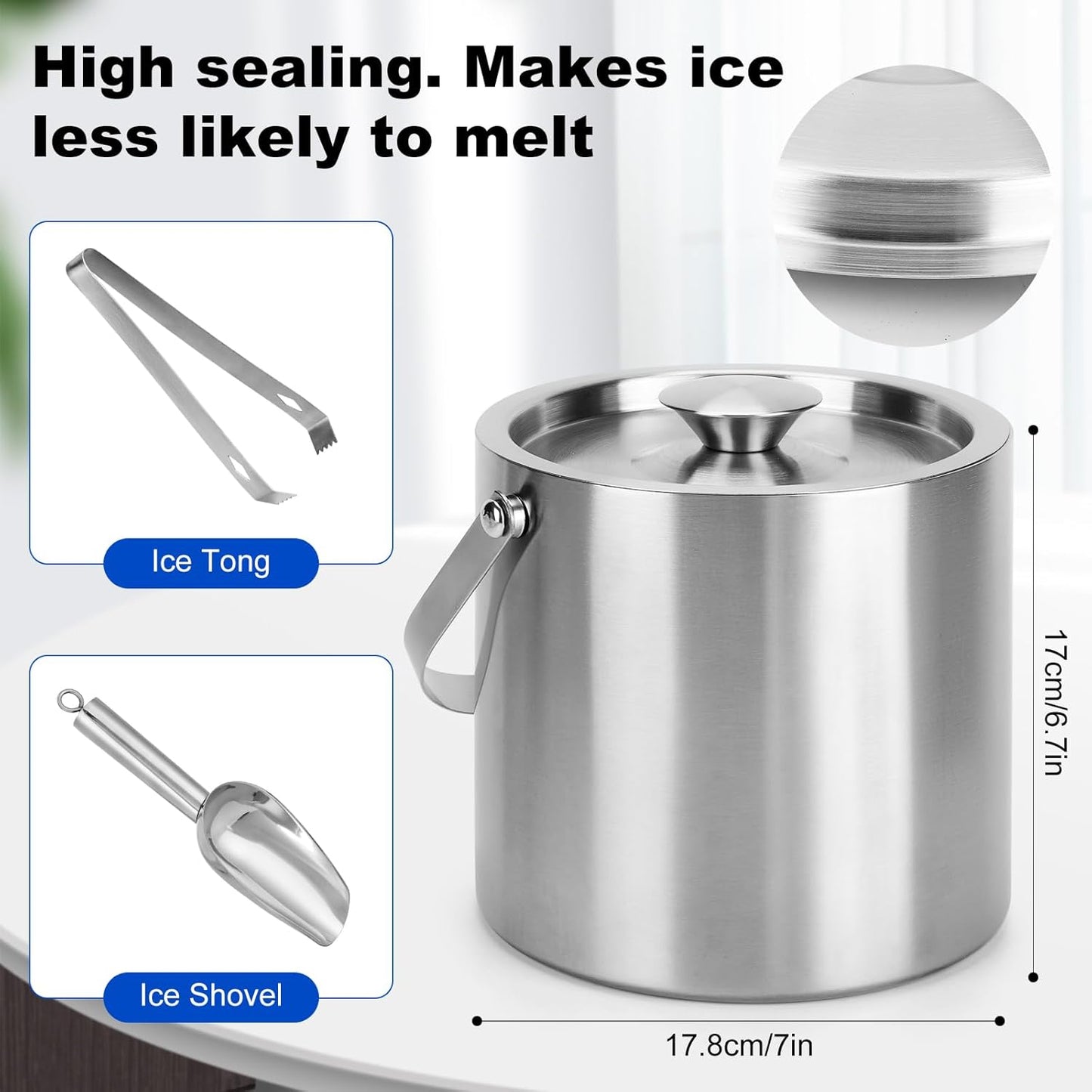 Ice Bucket, 4L Double Wall Insulated Ice Bucket with Lid,Scoop,Tongs- Inner Layer 304 Stainless Steel Ice Container Keep Ice Frozen Longer- Ideal for Cocktail Bar,Parties (4L)