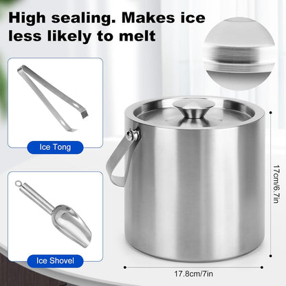 Ice Bucket, 4L Double Wall Insulated Ice Bucket with Lid,Scoop,Tongs- Inner Layer 304 Stainless Steel Ice Container Keep Ice Frozen Longer- Ideal for Cocktail Bar,Parties (4L)
