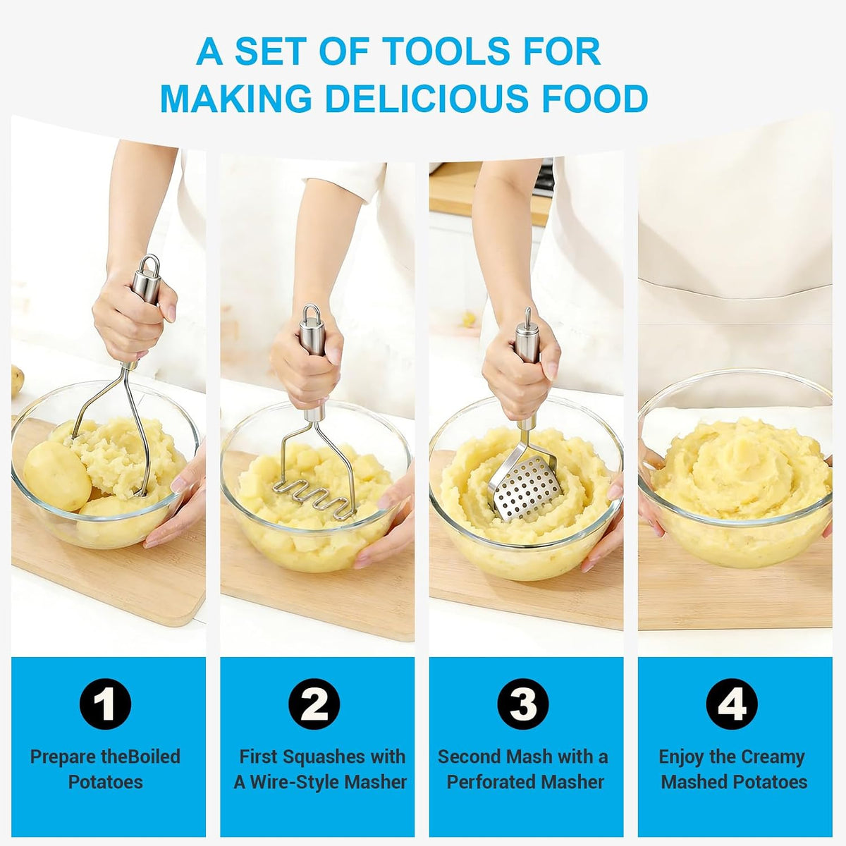 2Pcs Potato Masher & Meat Masher Set, Stainless Steel Smasher