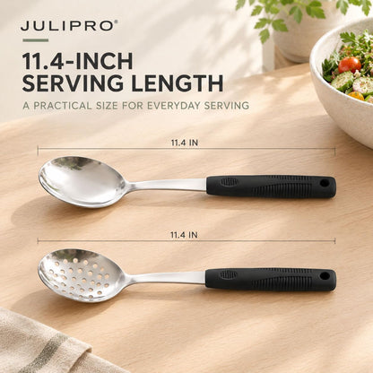 2-Piece Serving Spoons, 11-Inch, Solid & Slotted, Platinum Silicone