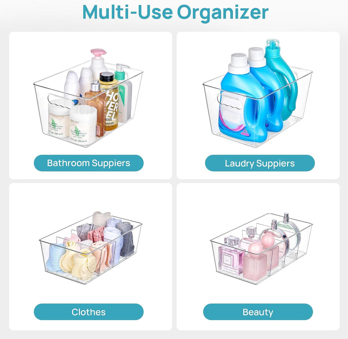 Vtopmart Clear Plastic Storage Bins, 6 PCS Pantry Organizer Bins with Handle for Refrigerator, Fridge, Cabinet, Kitchen, Countertops, Cupboard, Freezer Organization and Storage, Large