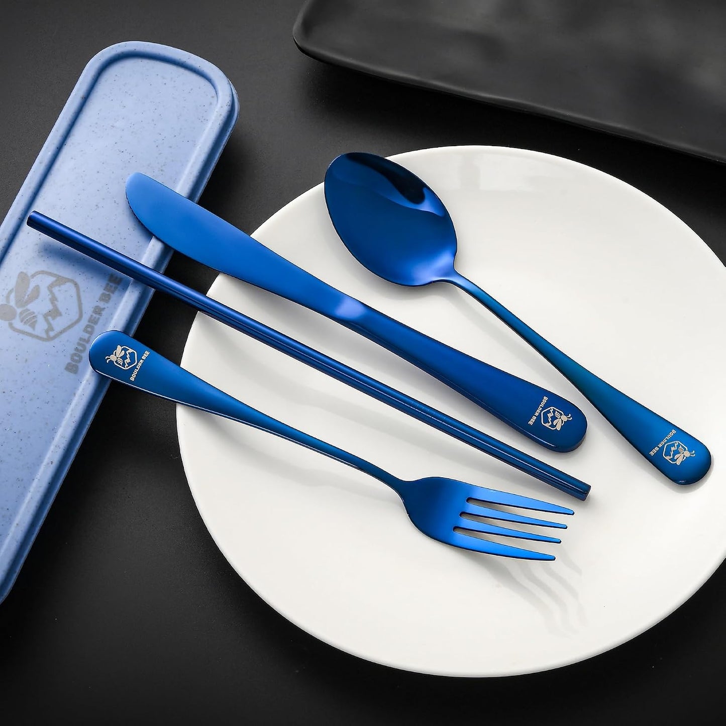 Boulder Bee | Travel Utensils Set | Reusable Camping Cutlery Set | Stainless Steel Flatware Set | Portable Silverware Set with Case | Includes Knife/Fork/Spoon/Straw/Cleaning Cloth/Case (Purple)