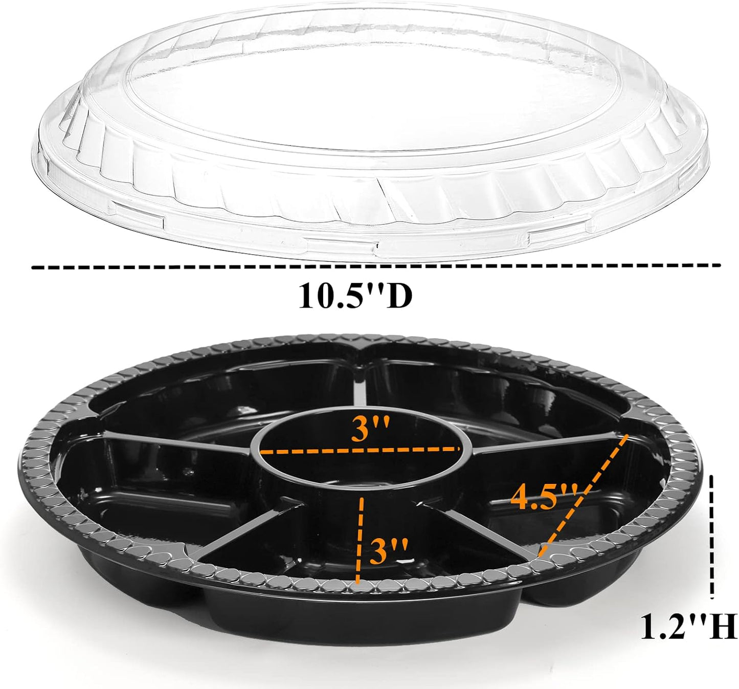 Lyellfe 30 Pack Plastic Appetizer Tray with Lid, Disposable Fruit Veggie Tray with 6 Compartment, 10.5 Inch Heavy Duty Snack Serving Platter Container for Salad, Nut, Olive, Party