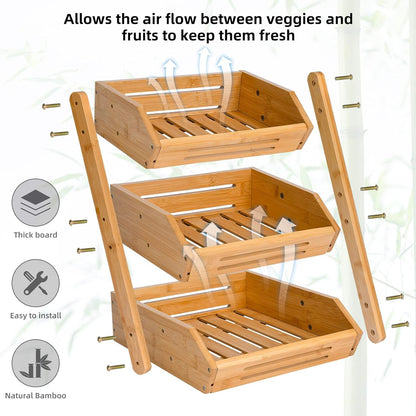 VIKEYHOME Fruit Basket, 2 Tier Bamboo Fruit Basket for Kitchen, 11" Tall Fruit Stand Storage Holder, Heavy Duty/Large Capacity for Vegetables, Fruit, and Snack, 15 mm Thickness (Self-assembly)