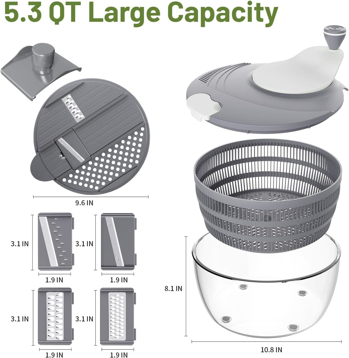 Salad Spinner, 5.3 QT Lettuce Spinner with Strainer & 4 Blades, Green