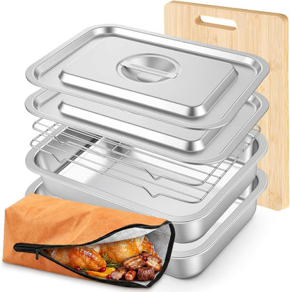 8-in-1 Stainless Steel Grill Prep Tray and Carry System with Meat Resting Bag, Bamboo Cutting Board, Rack, Pans & Lids - Outdoor BBQ Kit Grill Accessories for Cooking, Camping, Kitchen Prep(Large)