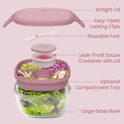 Bentgo Glass Salad Container - 7.6-Cup Salad Bowl with Airtight Lid, Leak-Proof Sauce Container, 4-Compartment Bento Tray & Reusable Fork - BPA-Free for Meal Prep, Office & More (Light Blue)