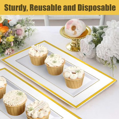 Uenhoy 8 Pcs White Plastic Serving Trays for Party 13" x 8" Rectangle Dessert Trays & Platters with Gold Trim, Fruit Tray Disposable Platters for Cupcake Cookie Dessert Appetizers