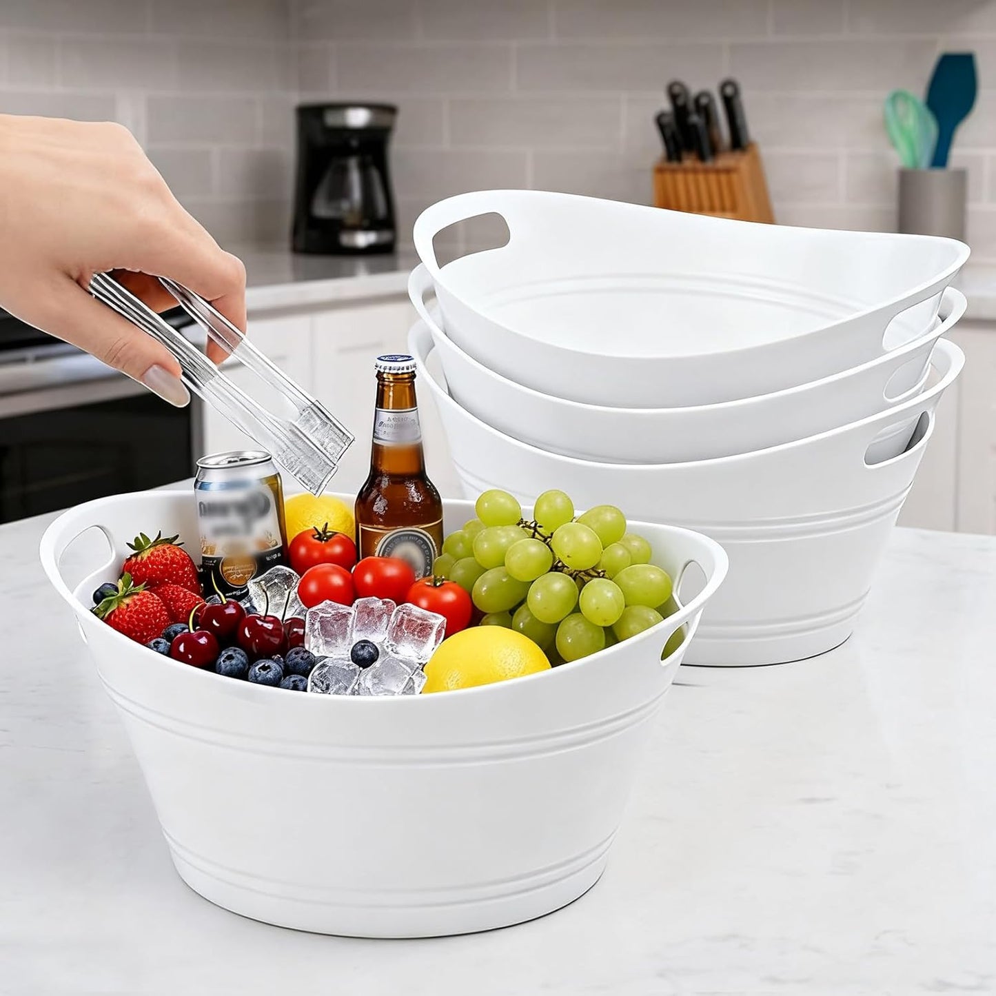 6 Pack Ice Buckets, Oval Storage Tub with Handles, Plastic Ice Drink Bucket for Parties, 4.5 Liter Beverage Storage Basket for Bar Champagne Wine Beer Beverage Bottle Cooler, White