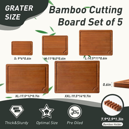 3 Packs Bamboo Cutting Board Set with Non Slip Feet Holder and Over Sink Nice Solid Thick Wood Juice Groove Chopping Board Extra Large Big Small Best Hardwood Kitchen Organic Vegetable Meat BBQ Kit