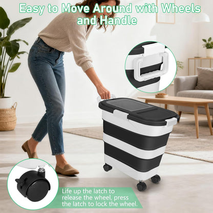 Dog Food Storage Container with Rolling Wheel and Airtight Lid, Black, 30LB | Foldable Food Storage Bins with Snap-Lid Seal to Keep Kibble, Pellets or Seeds Fresh for Dogs, Cats and Birds