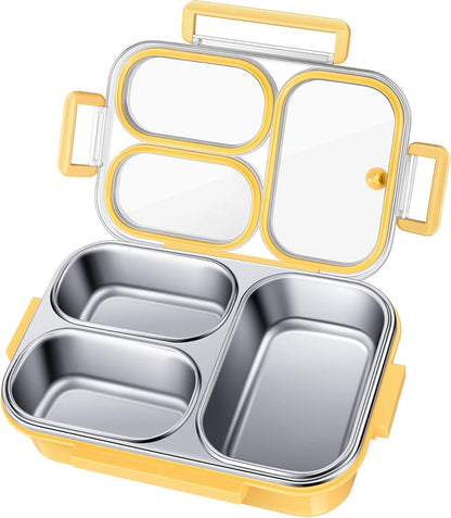 KTKUDY Stainless Steel Bento Box for Kids & Adults - 25 oz - Leakproof 3 Compartment Metal Lunch Container - 18/8 Stainless Steel Lunch Box Kids - Ideal for School, Office & Outdoor (Cream)