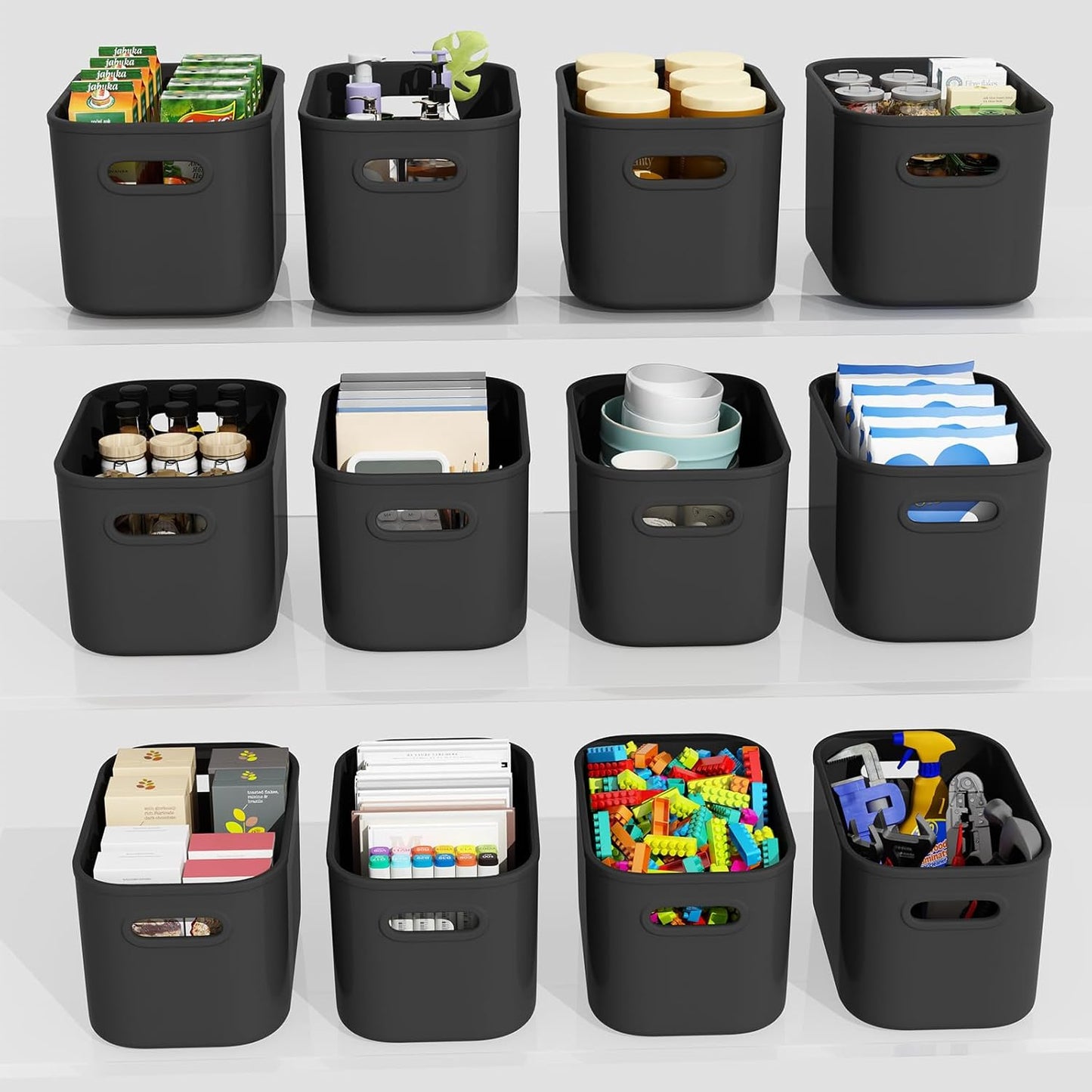 12 Pack Black Storage Bins for Shelves, Plastic Storage Containers for Organizing, Stackable Storage Boxes with Handle, Black Storage Bins for Classroom, Craft, Snacks, Cabinet, 9.7x6.7x5.7inch