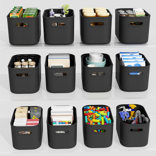 12 Pack Black Storage Bins for Shelves, Plastic Storage Containers for Organizing, Stackable Storage Boxes with Handle, Black Storage Bins for Classroom, Craft, Snacks, Cabinet, 9.7x6.7x5.7inch