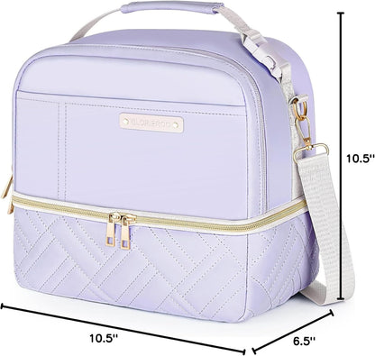 Double Deck Lunch Box Bag Women - Vegan Leather Insulated Waterproof Leakproof Cooler for Work Travel Picnics - Teacher Mothers Day Christmas Birthday Gifts