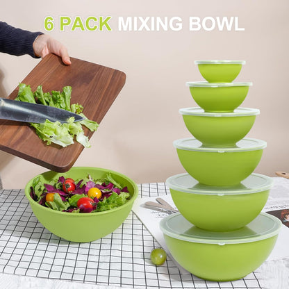 BoxedHome BPA Free Plastic Round Mixing Bowl with Lids, 12 Pack Nesting Bowls with Lids Set, Microwave and Dishwasher Safe Prep & Serving Bowls Great for Mixing, Baking, Serving (pinkish green, 12pcs)