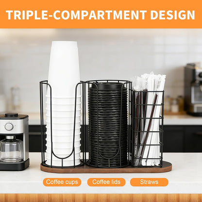 Coffee Cup and Lid Holder with Wooden Base, 3-Slot Coffee Station Organizer Dispenser for Paper Plastic Cups, Lids & Straws, U-Shape Metal Wire Coffee Bar Storage for Countertop, Office, Kitchen