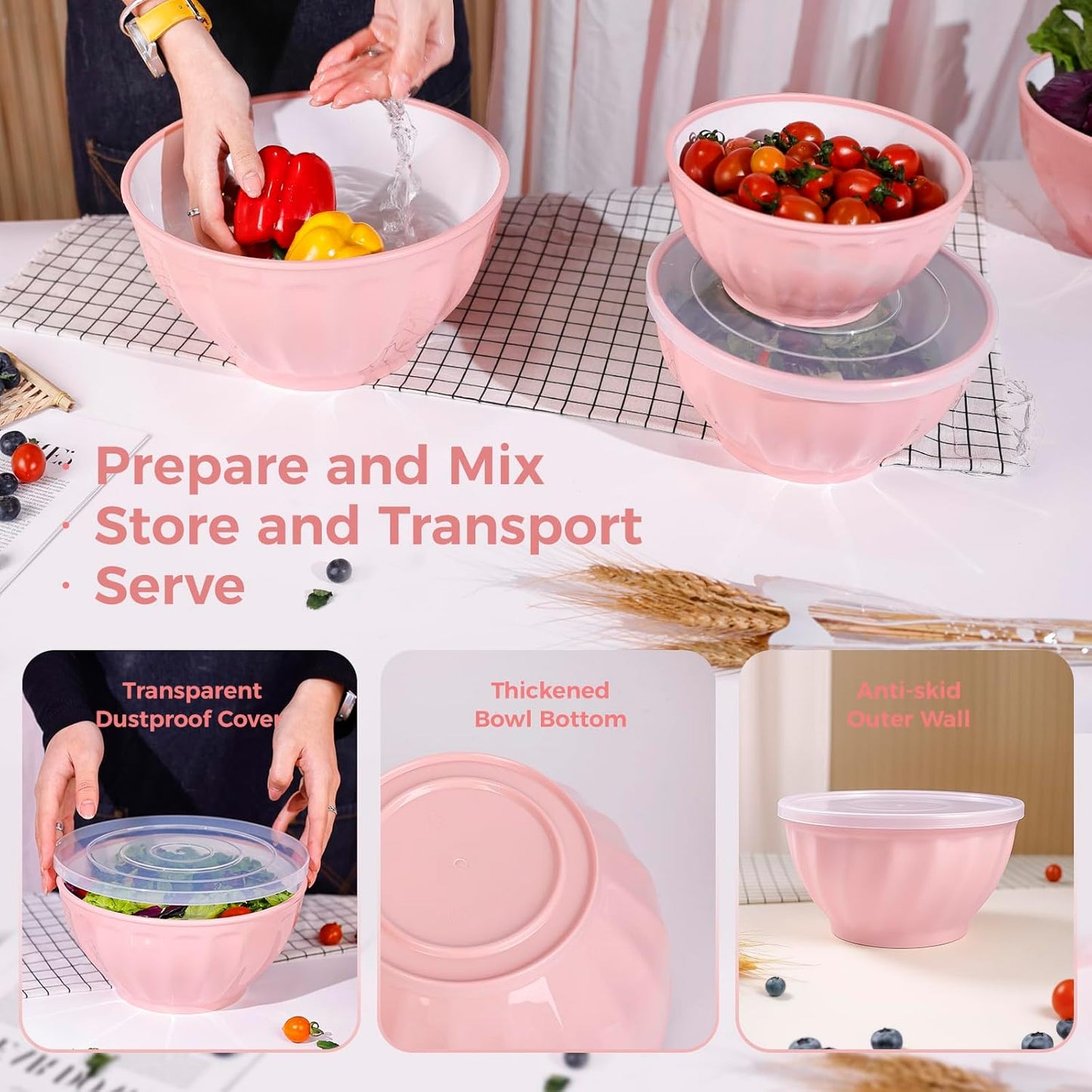 BoxedHome BPA Free Plastic Round Mixing Bowl with Lids, 12 Pack Nesting Bowls with Lids Set, Microwave and Dishwasher Safe Prep & Serving Bowls Great for Mixing, Baking, Serving (pinkish green, 12pcs)