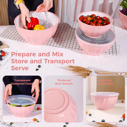 BoxedHome BPA Free Plastic Round Mixing Bowl with Lids, 12 Pack Nesting Bowls with Lids Set, Microwave and Dishwasher Safe Prep & Serving Bowls Great for Mixing, Baking, Serving (pinkish green, 12pcs)