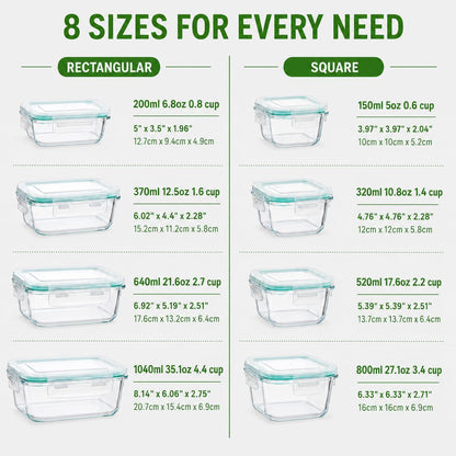 Melovom 8 Pack Glass Food Storage Containers with Lids, Airtight Glass Meal Prep Containers Set, Borosilicate Glass Food Storage Containers, BPA-Free Lids, Microwave, Oven, Freezer & Dishwasher Safe