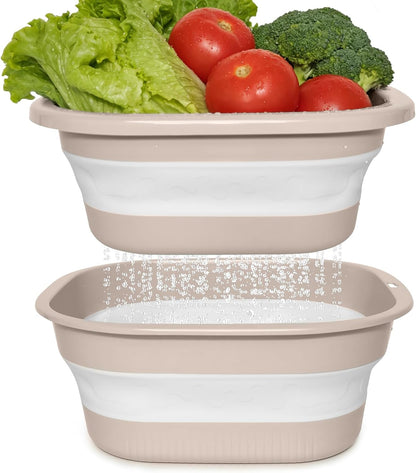 Collapsible Colander and Sink Basin Set - 2 in 1 Collapsible Colander Strainer with Collapsible Wash Basin for Kitchen, RV Camping, Foldable Fruit Vegetable Washing Basket, 8 QT, Blue