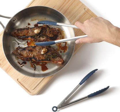Calphalon Edge Tongs Set, 2-Piece Stainless Steel Kitchen Tongs Set with Silicone Heads, Includes 9-Inch & 12-Inch Heat-Resistant Locking Tongs for Cooking, Grilling & Serving, Taupe