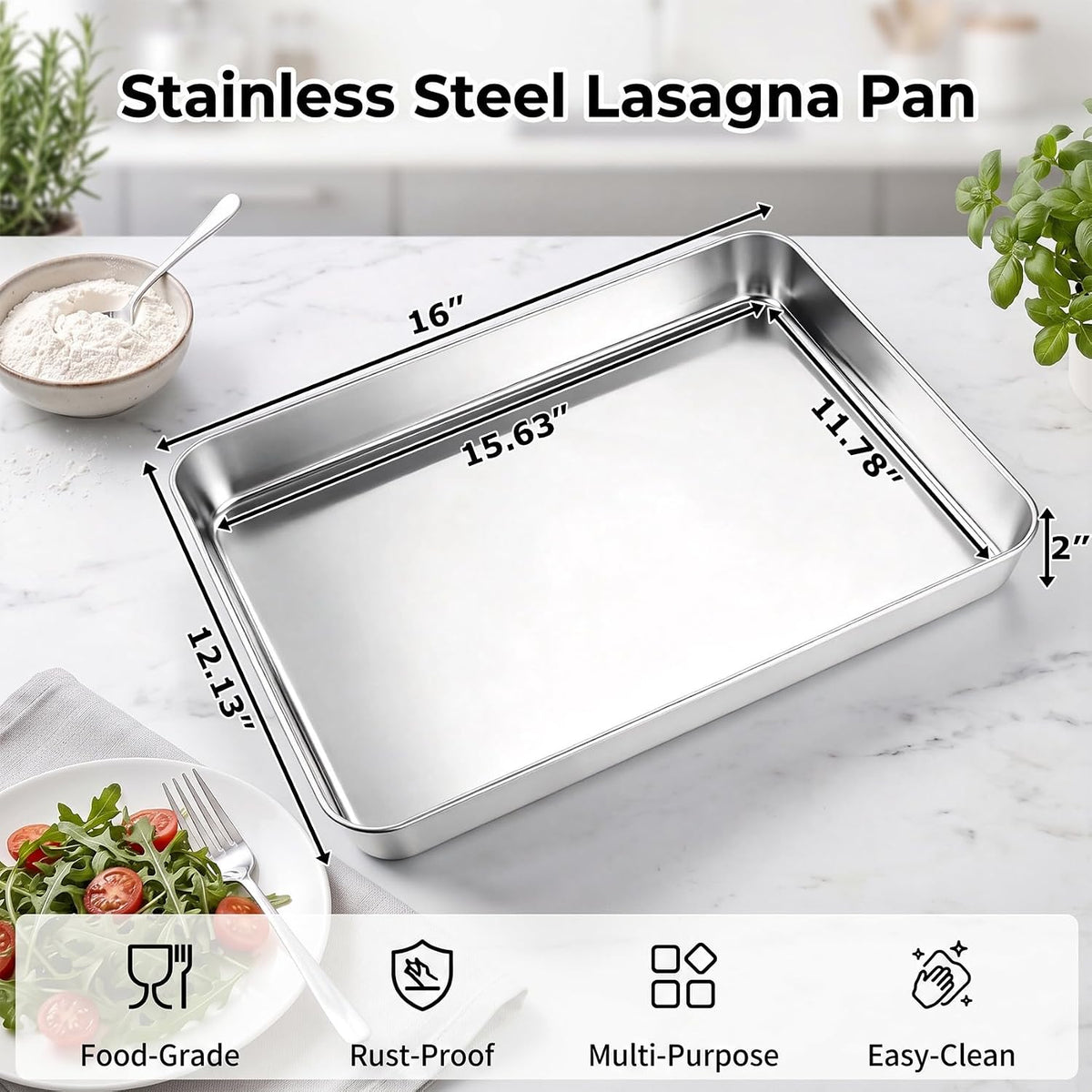 TeamFar Lasagna Pan, 16" x12.13" x2" Stainless Steel Rectangular Cake Pan