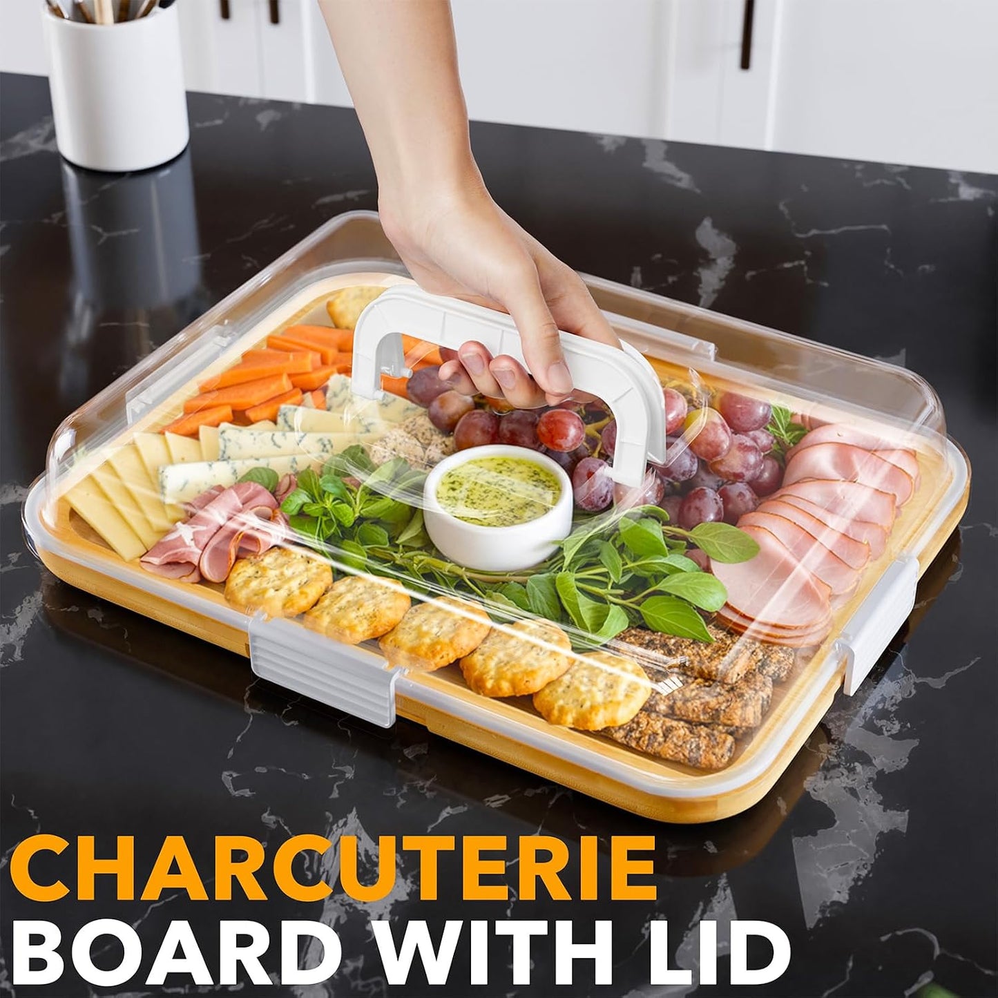 SpaceAid Charcuterie Board with Clear Lid, Portable Travel Cheese Cutting Boards for Picnic Accessories, Bamboo Serving Tray with Lids, House Warming Gifts, Black Handles, 8 Compartments