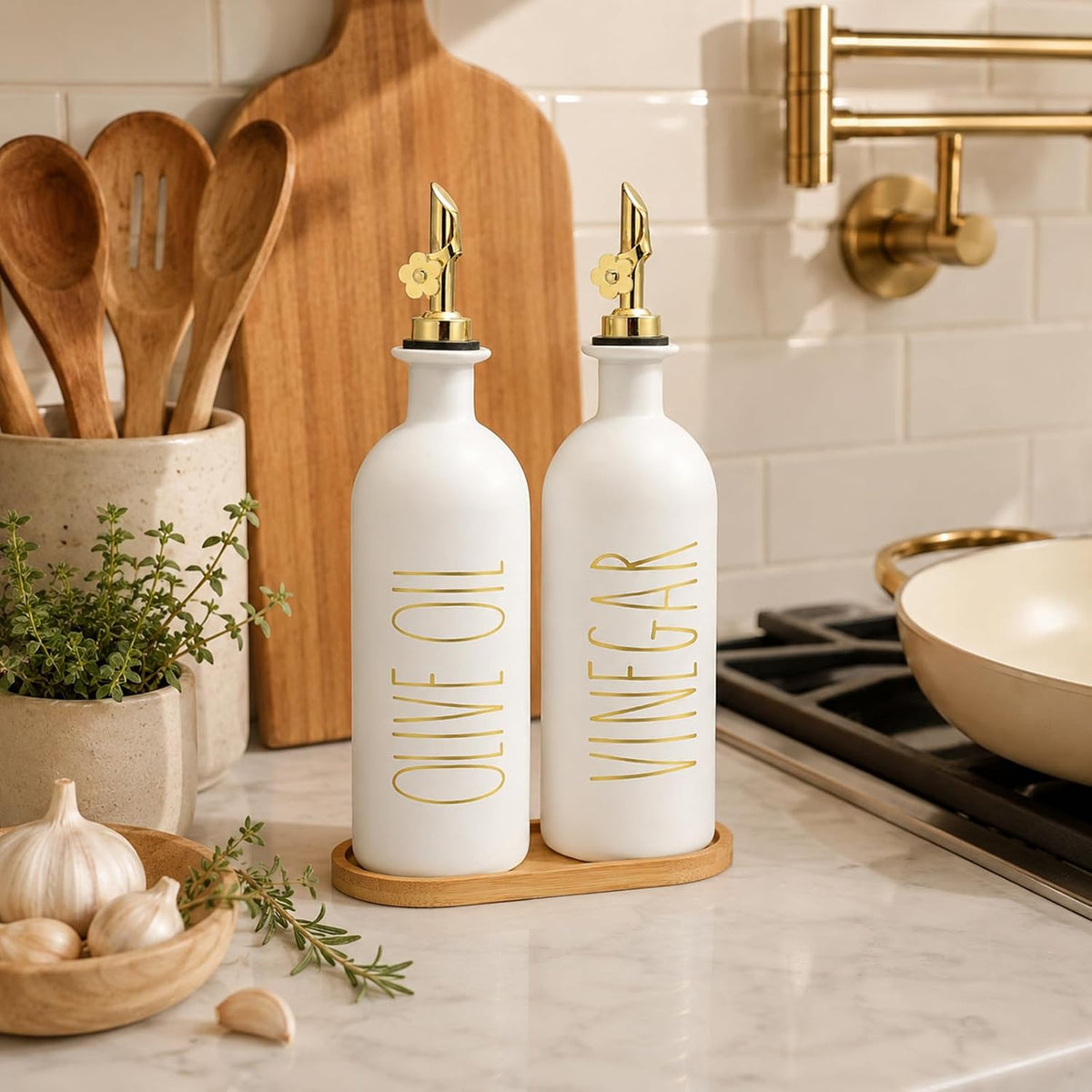 HOMCDALY Premium Olive Oil Dispenser for Kitchen, 11.8oz Glass Oil Bottles with Bamboo Tray, White Oil&Vinegar Cruet Set, Kitchen Dispenser Bottles with Pourer| Set of 2 (11.8oz –P–White)