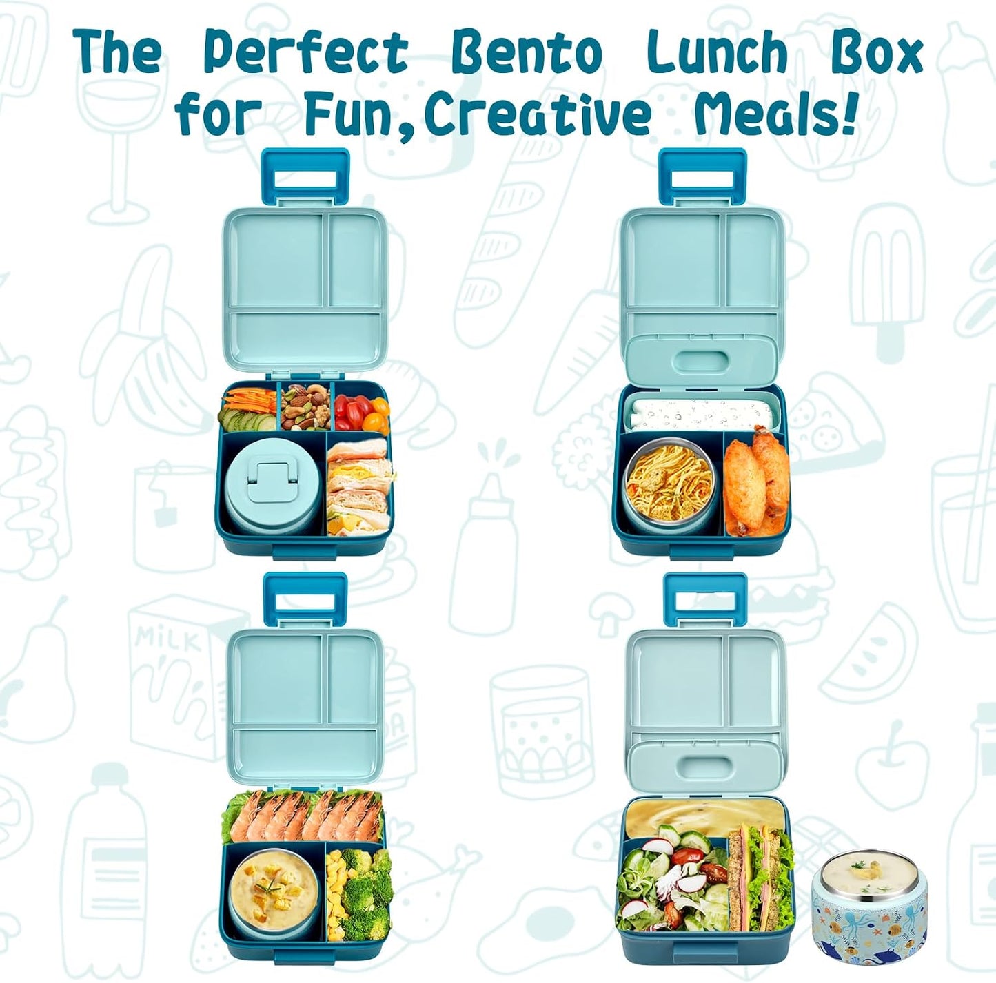 JXXM Bento Lunch Box for Kids With 8oz Soup thermo,Leak-proof Lunch Containers with 5 Compartment,thermo Food Jar and Lunch Bag, Food Containers for School (A-Blue(Extreme Locomotive))