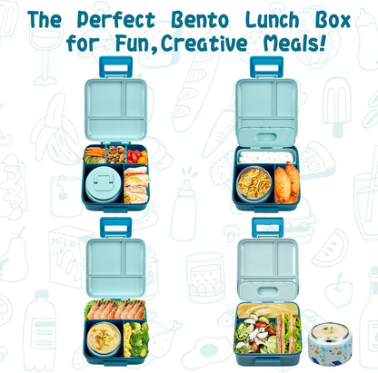 JXXM Bento Lunch Box for Kids With 8oz Soup thermo,Leak-proof Lunch Containers with 5 Compartment,thermo Food Jar and Lunch Bag, Food Containers for School (A-Blue(Extreme Locomotive))
