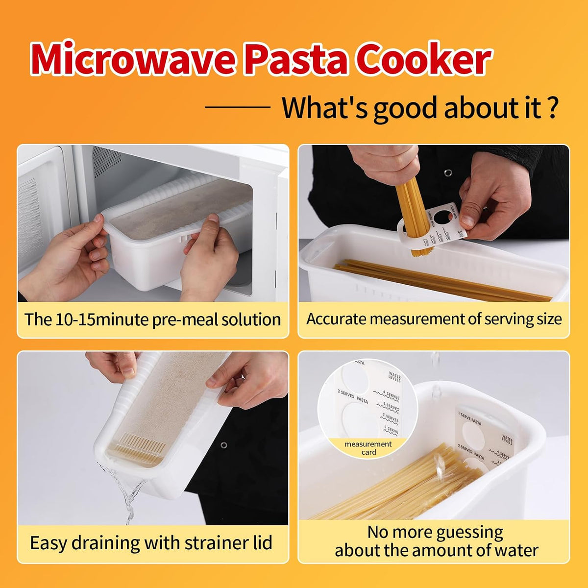 Microwave Pasta Cooker with Strainer Lid & Built-in Measuring Card