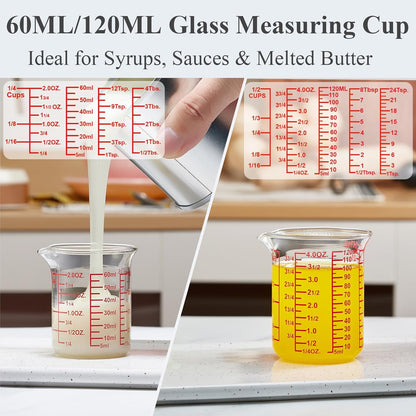 3 Piece Glass Measuring Cup Set, Includes 1/2-Cup, 1-Cup, and 2-Cup High Borosilicate Glasss Liquid Measuring Cups, Dishwasher, Freezer, Microwave, and Preheated Oven Safe, Essential Kitchen Tools