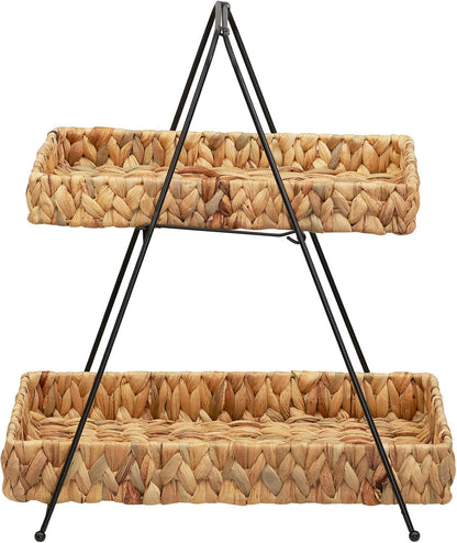 Household Essentials Artisan Water Hyacinth and Iron 2-Tier Tray Tower