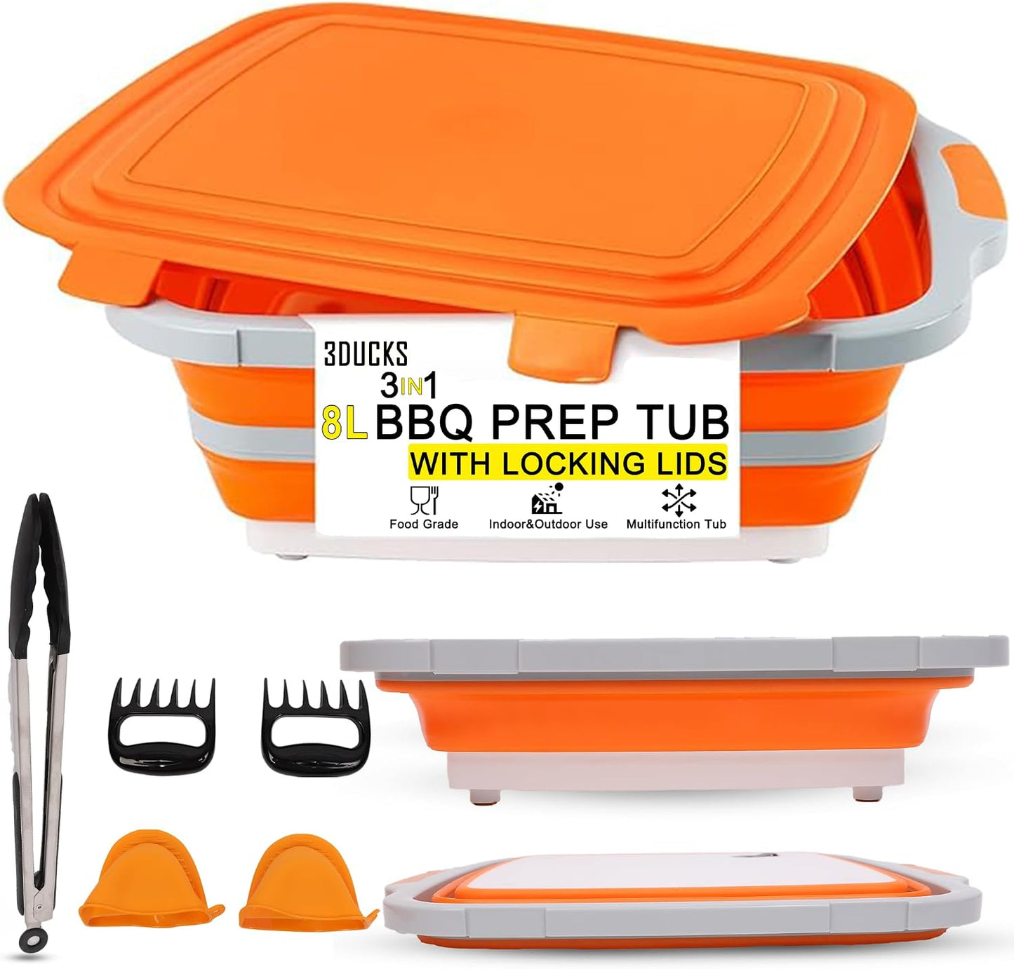 Collapsible BBQ Prep Tub 8L Black | Portable Meat Marinating Container with Locking Cutting Board Lid, BBQ Tongs, 2 Meat Shredding Claws & 2 Heat-Resistant Grill Gloves for Camping & Grilling