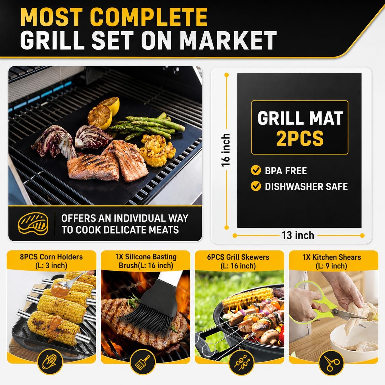 34Pcs Grill Accessories Grilling Gifts for Men, 16 Inches Heavy Duty BBQ Accessories, Stainless Steel BBQ Tools with Thermometer, Grill Mats for Backyard, BBQ Gifts Set for Men Women