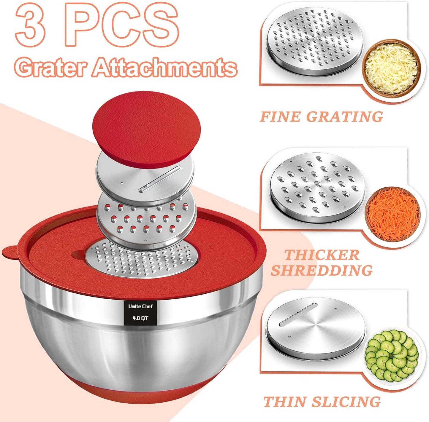 Umite Chef Mixing Bowls with Airtight Lids Set, 8PCS Stainless Steel Nesting Bowls with Grater Attachments, Non-Slip Bottoms, 5, 4, 3.5, 2, 1.5QT for Mixing & Serving