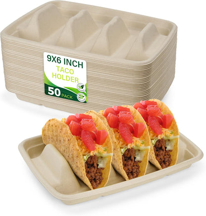 100 Pack Heavy Duty Disposable Fiesta Taco Holders, Taco Plates with 3 Dividers Serving for Party, Taco Stand for Taco Tuesday, Perfect for Taco Bar Supplies