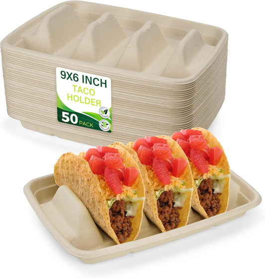100 Pack Heavy Duty Disposable Fiesta Taco Holders, Taco Plates with 3 Dividers Serving for Party, Taco Stand for Taco Tuesday, Perfect for Taco Bar Supplies