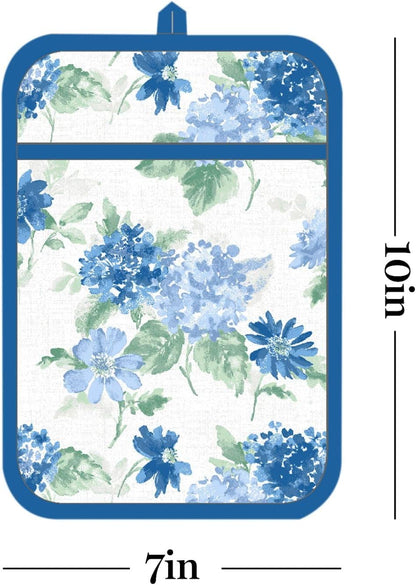 Martha Stewart Amber Floral Oven Mitt & Pot Holder Set 2-Pack, Blue/Green, OM: 7"x13" & PH: 7"x10"