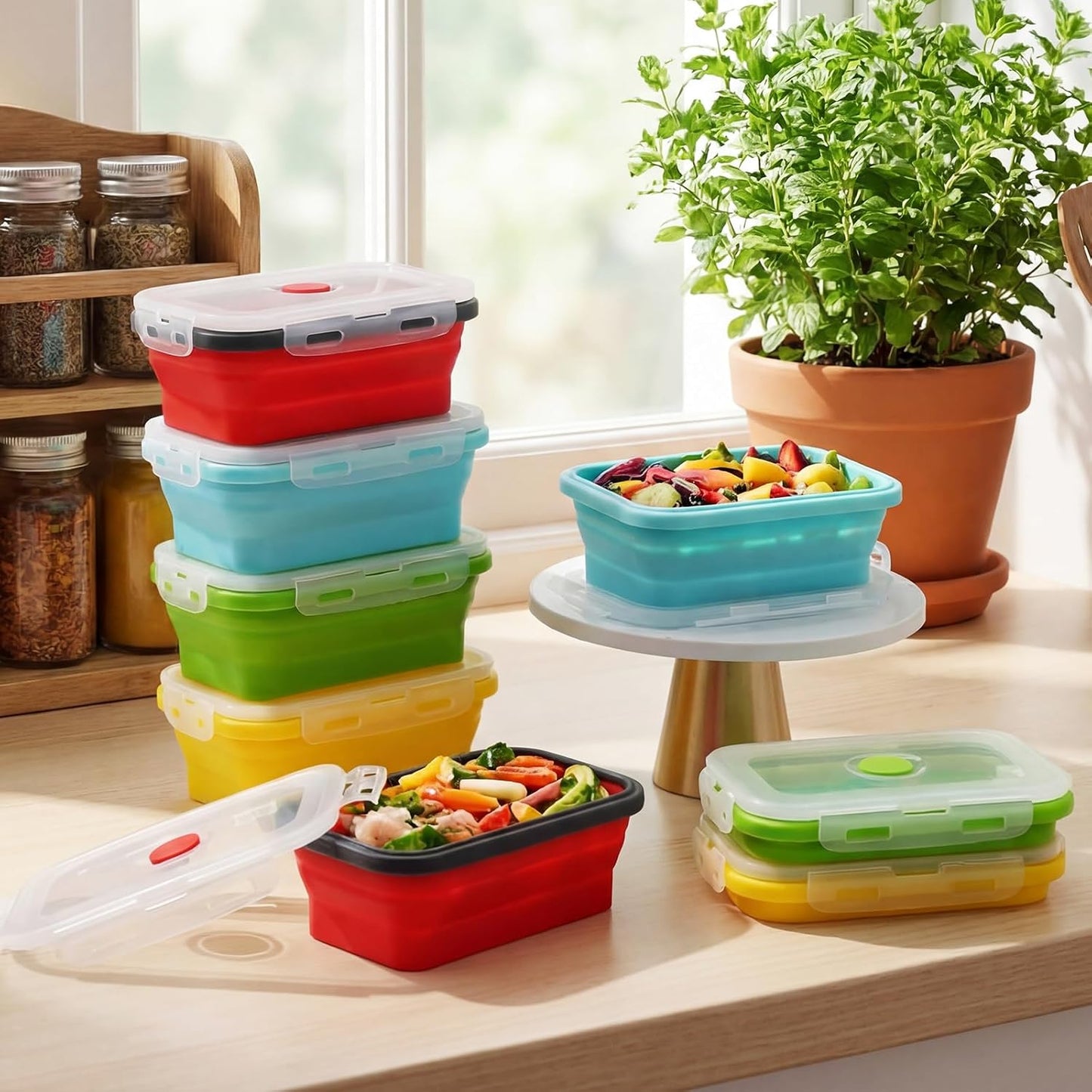 Mifoci Set of 8 Silicone Collapsible Bowls for Camping with Vent Lid Silicone Storage Containers for Food Meal Preparation Square Bowl Microwave Freezer Dishwasher Safe(Blue,17 Oz/ 500 ml)