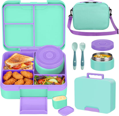 HWONMTE Bento Lunch Box Set for Kids with 9.5oz Soup Thermo Leak-Proof Lunch Food Container with Insulated Lunch Bag Hot Food Jar for Kid Toddler Girls Boys Teens to School,Travel (Green)
