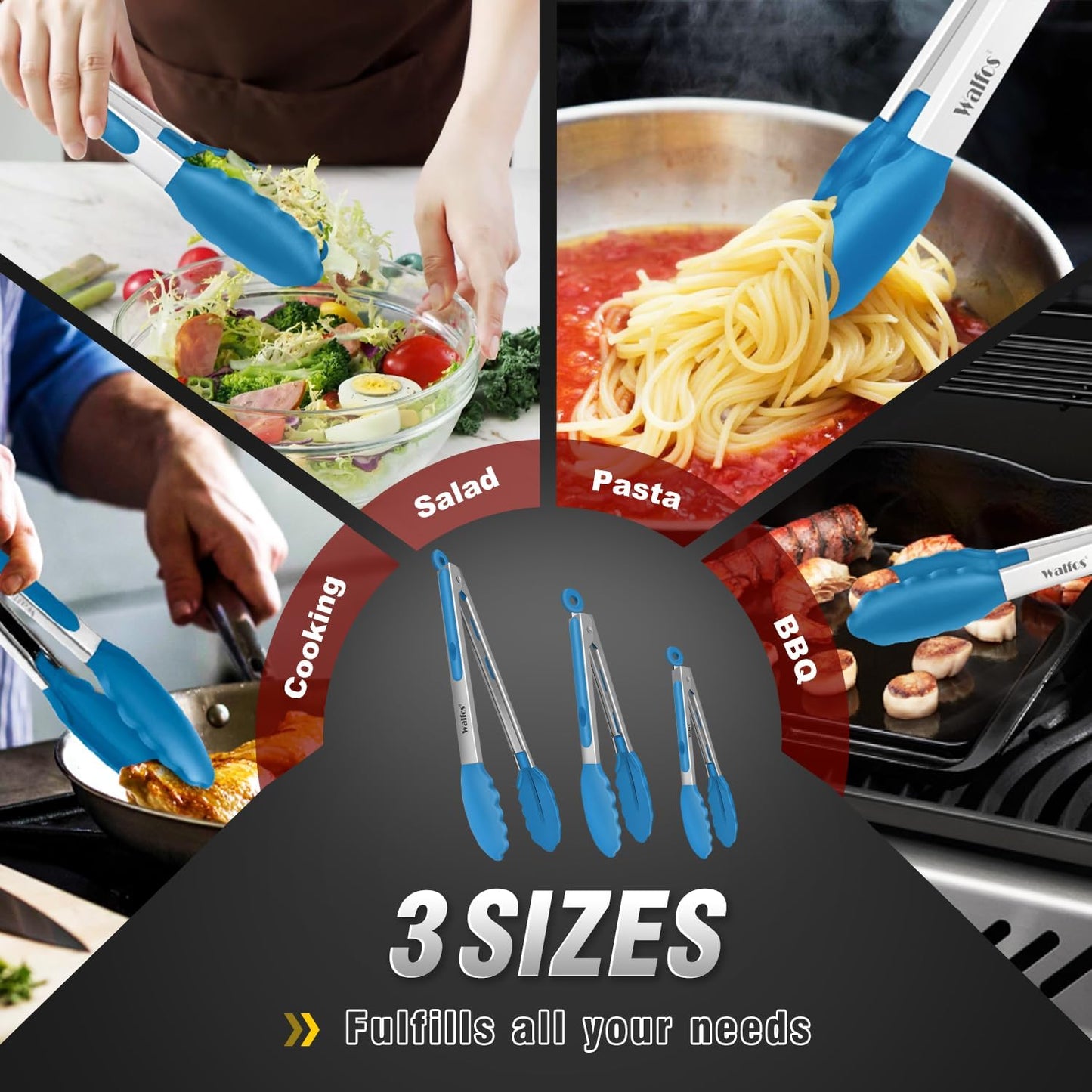 Walfos Kitchen Tongs for Cooking, 600℉ Heat Resistant Stainless Steel Tongs, All Metal Heavy Duty Tongs For Food ,BBQ Grilling - 7 ，9 and 12 Inch ,Set of 3